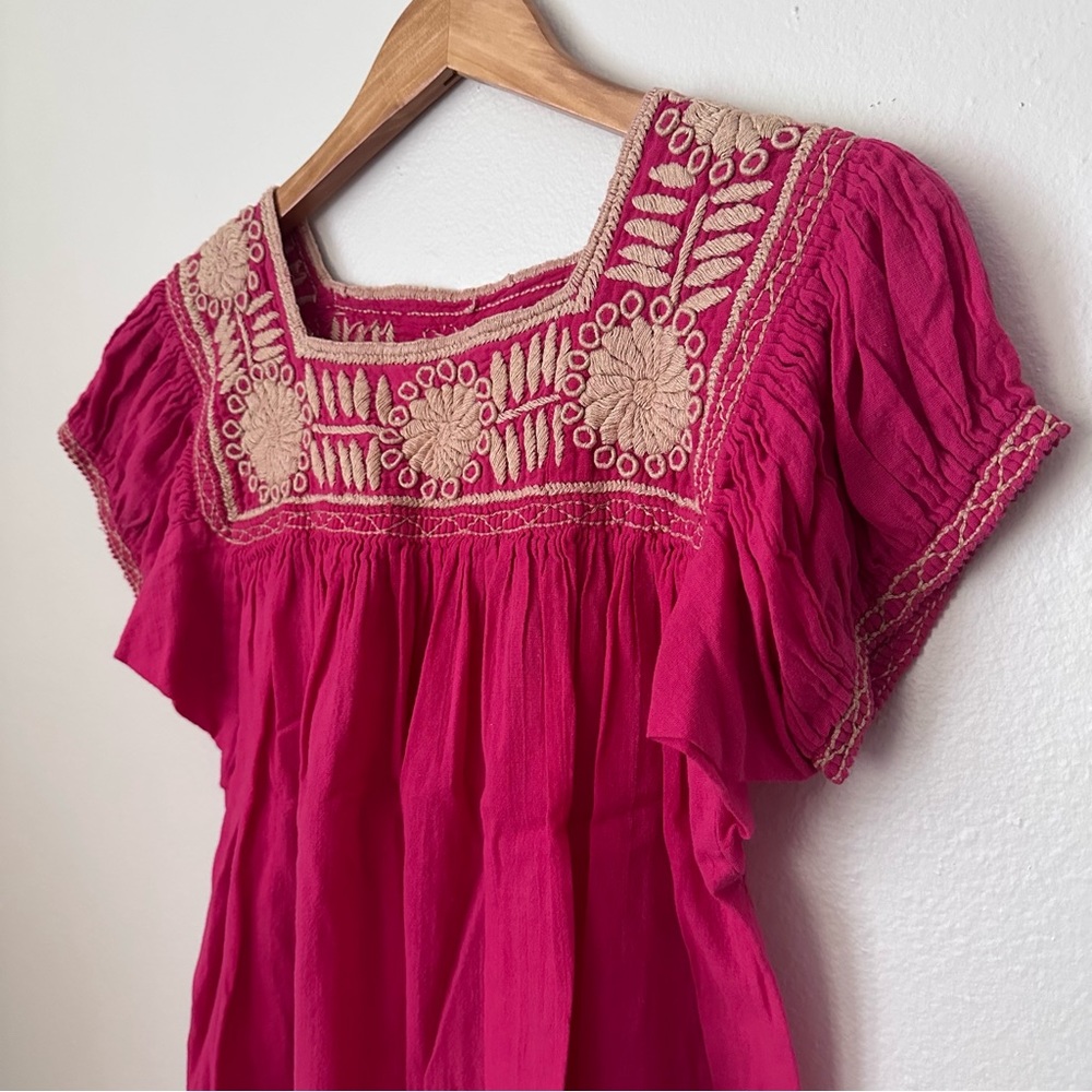 Electric Pink Hand Embroidered Vintage Gauze Mexican Blouse